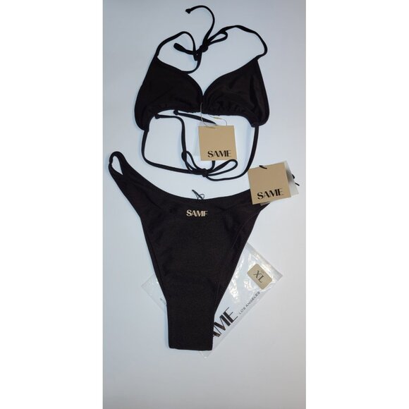 SAME Los Angeles Swim Bikini Set 2Pc Triangke Top High Weist Bottom Black XLarge - Picture 1 of 9
